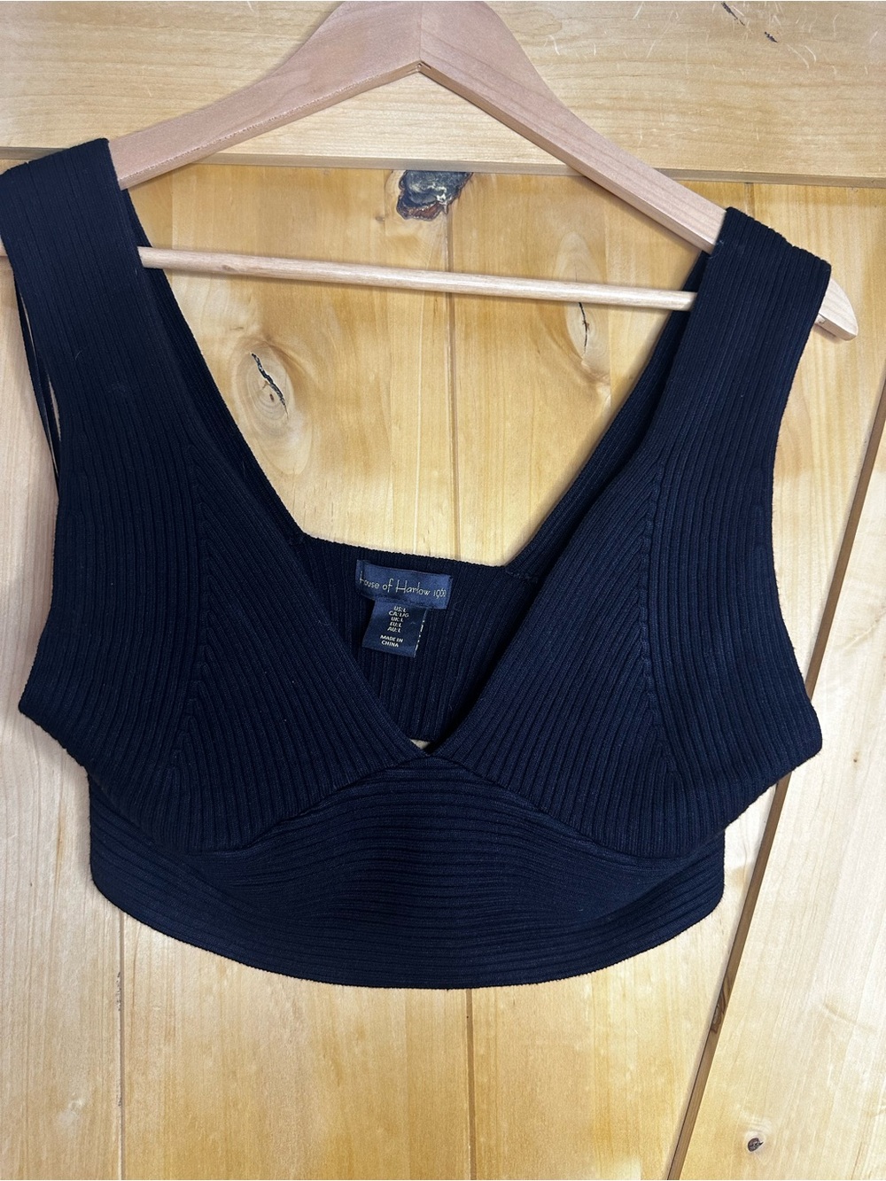 House of Harlow 1960 Black Ribbed V-Neck Cropped Tank